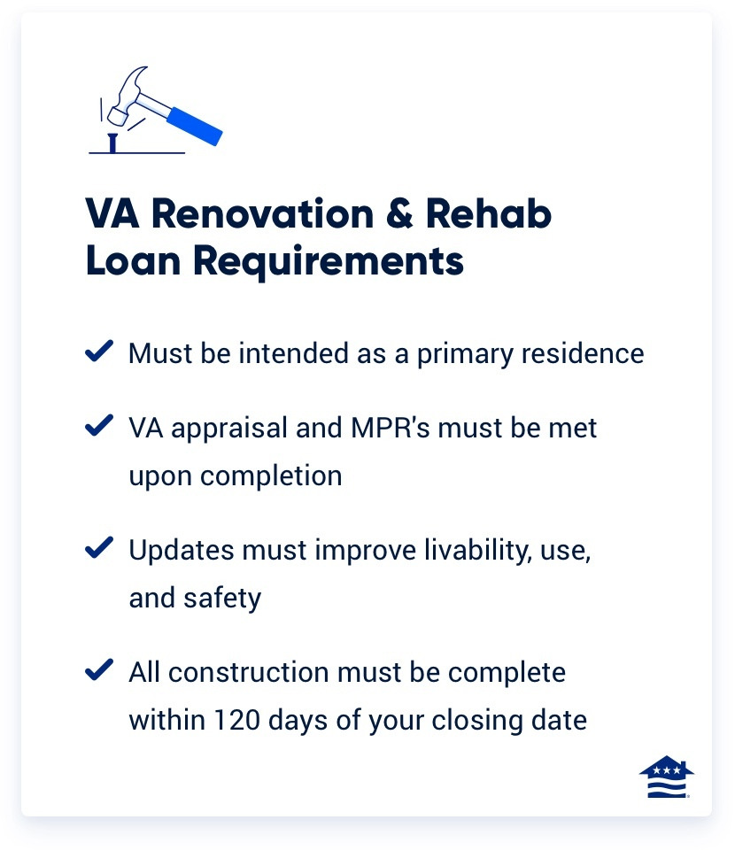 List of VA rehab and renovation loan requirements.